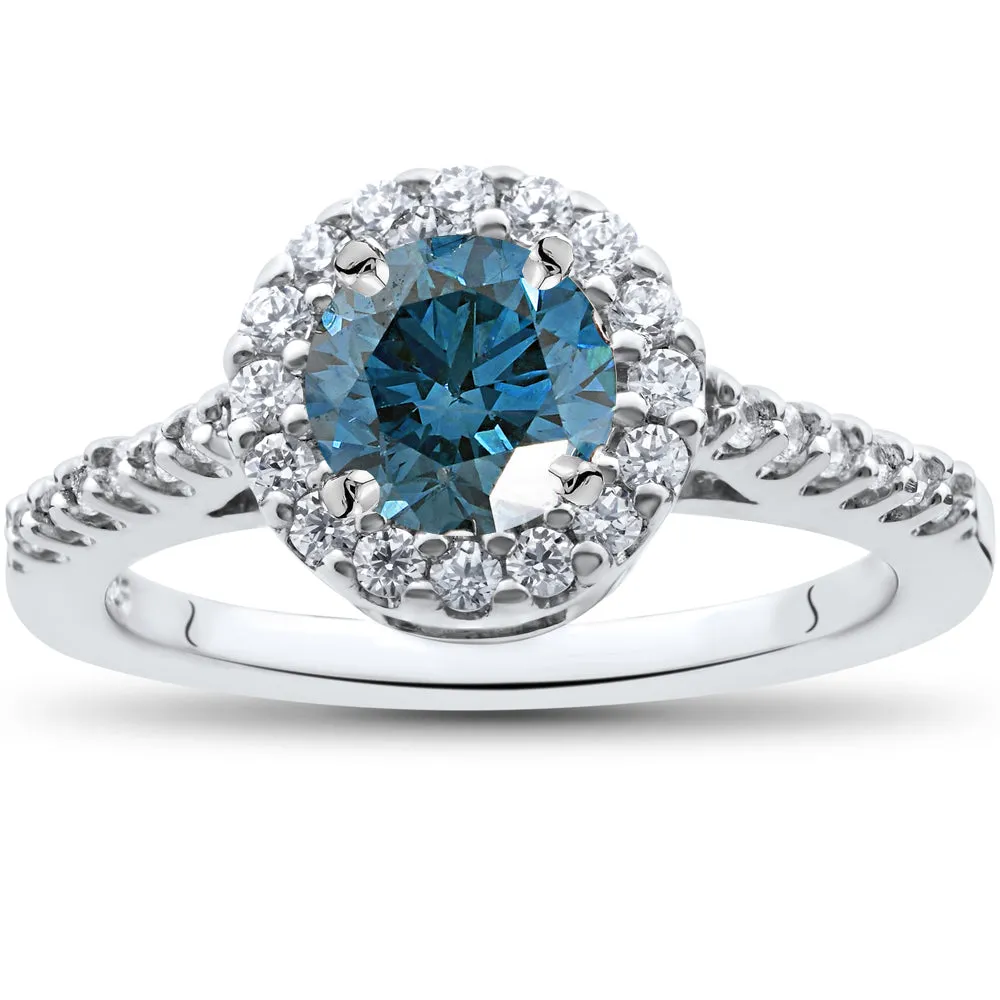 1 1/2 ct Blue Diamond Halo Engagement Ring 14K White Gold