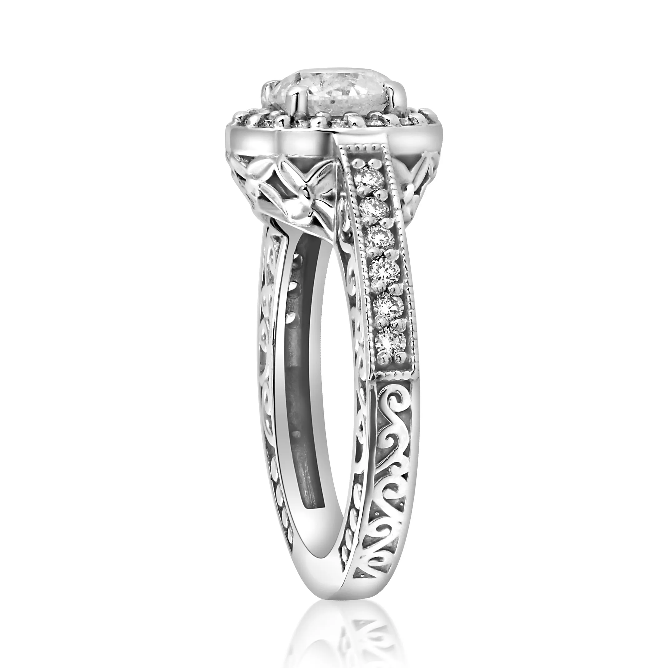 1 1/3 cttw Diamond Antique Halo Art Deco Engagement Ring 14k White Gold