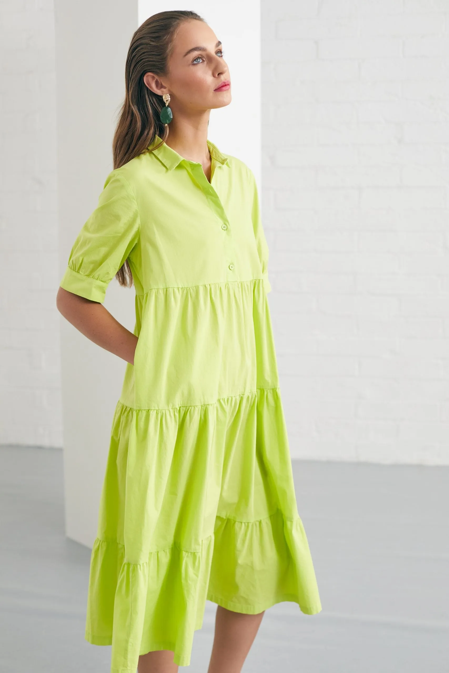 192- Cotton Gathered Dress Lime- Naya