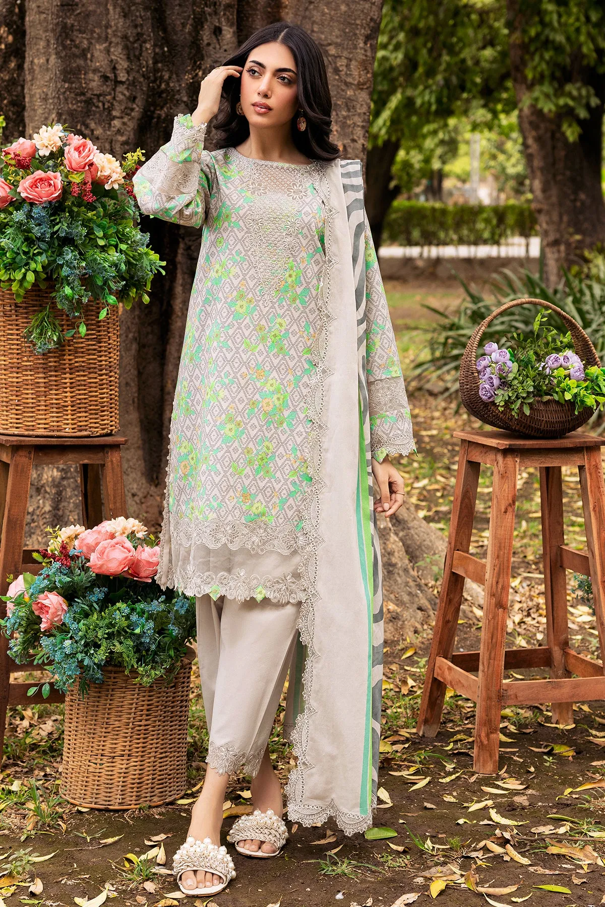 3-PC Unstitched Embroidered Lawn Shirt with Embroidered Lawn Dupatta and Trouser CRN4-08