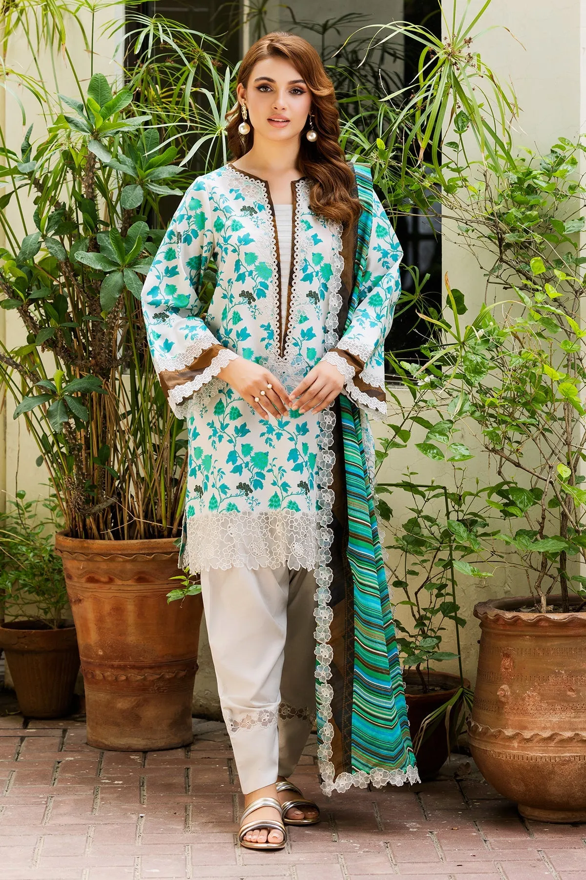 3-PC Unstitched Embroidered Lawn Shirt with Embroidered Voil Dupatta and Trouser CRN4-21