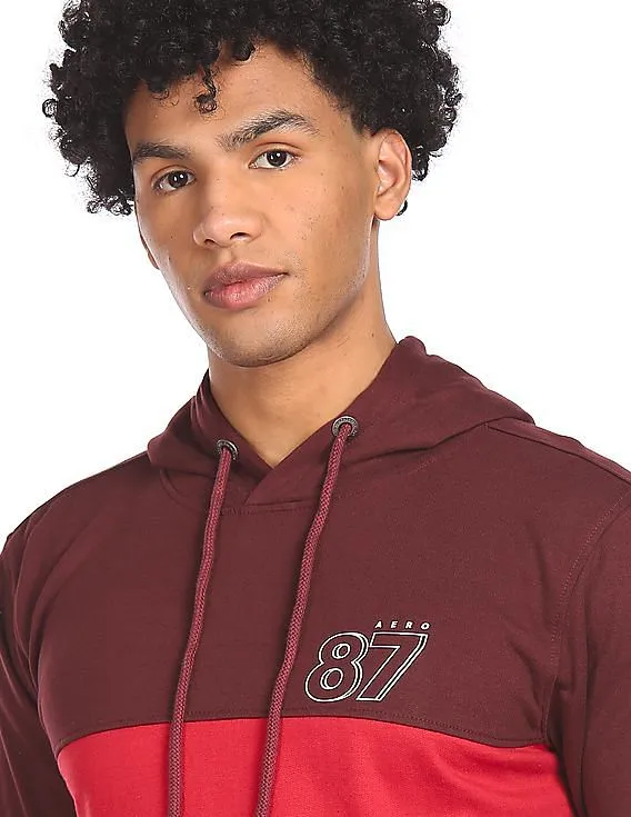 Aeropostale Men Red Long Sleeve Colour Block Hood Sweatshirt