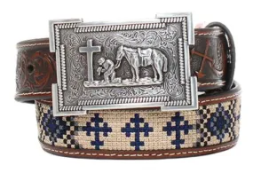 Aztec Embroidery with Navy and Square Belt Buckle Western Brown Belt