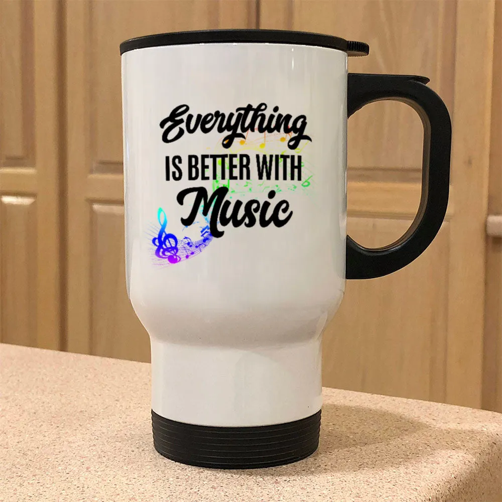 Better With Music White Metal Coffee and Tea Travel Mug