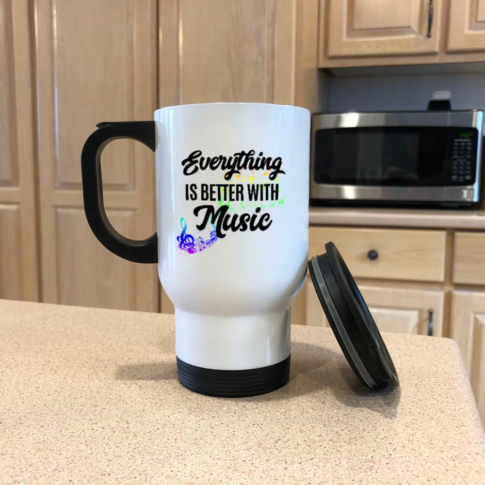 Better With Music White Metal Coffee and Tea Travel Mug