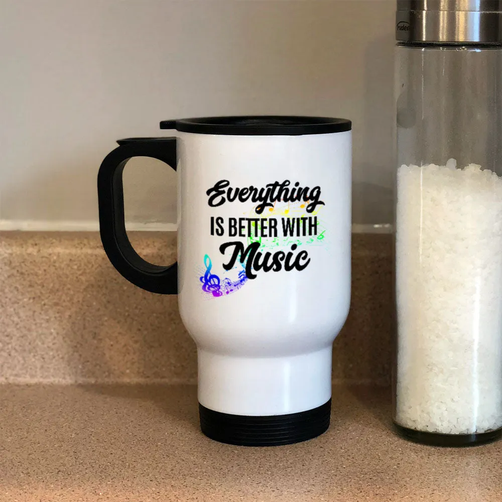 Better With Music White Metal Coffee and Tea Travel Mug