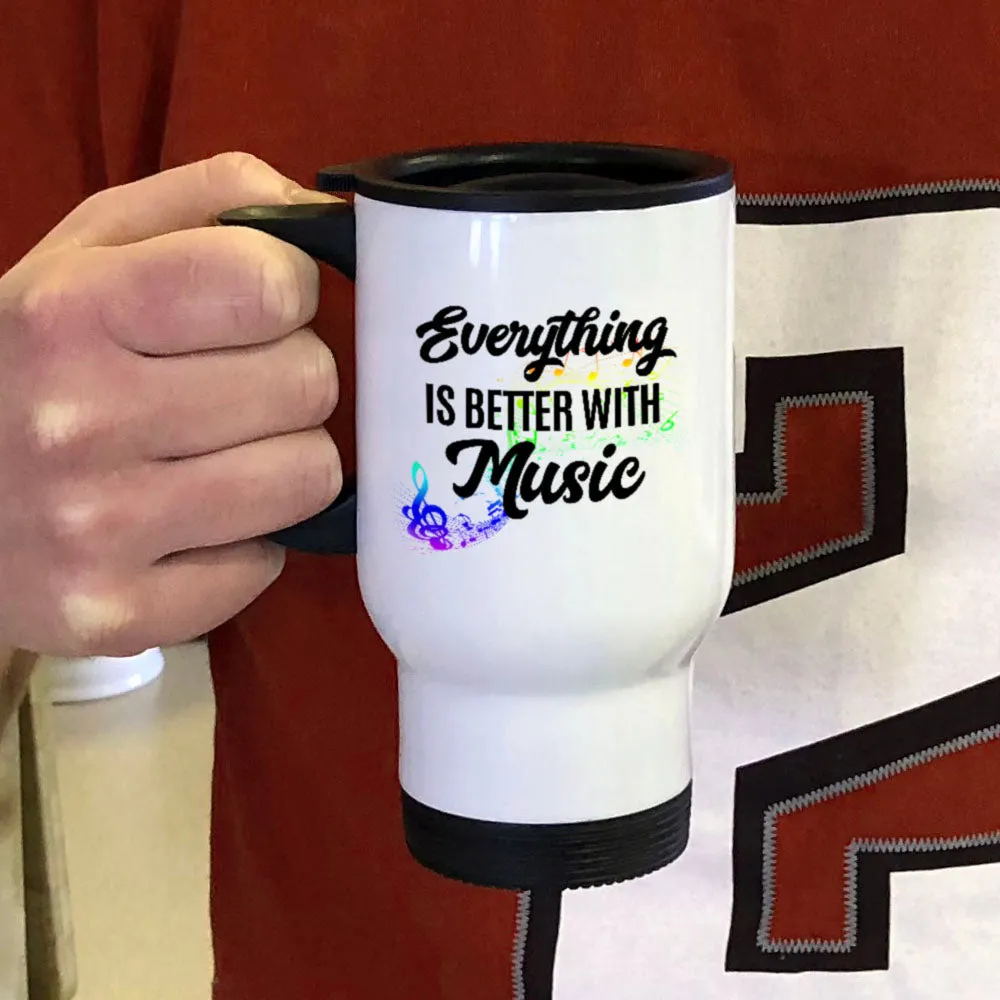 Better With Music White Metal Coffee and Tea Travel Mug