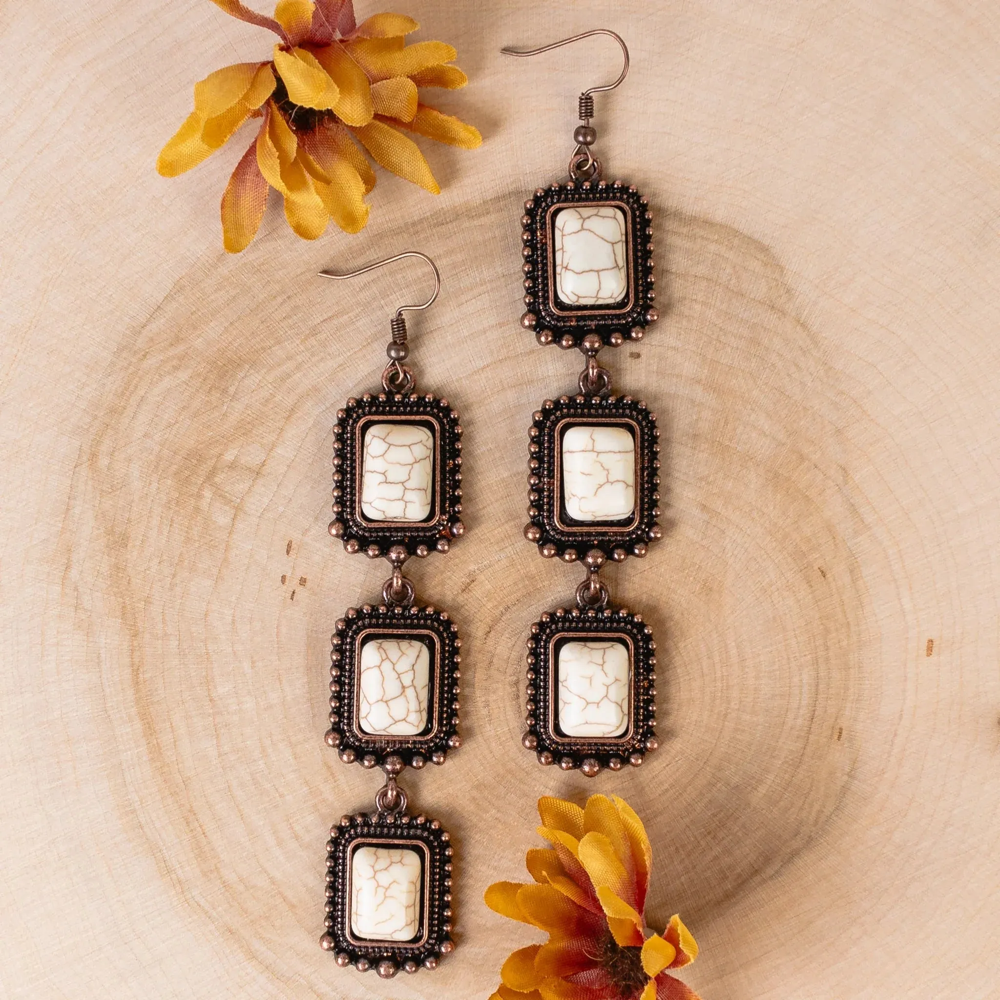 Cream Square stone triple concho dangle earrings