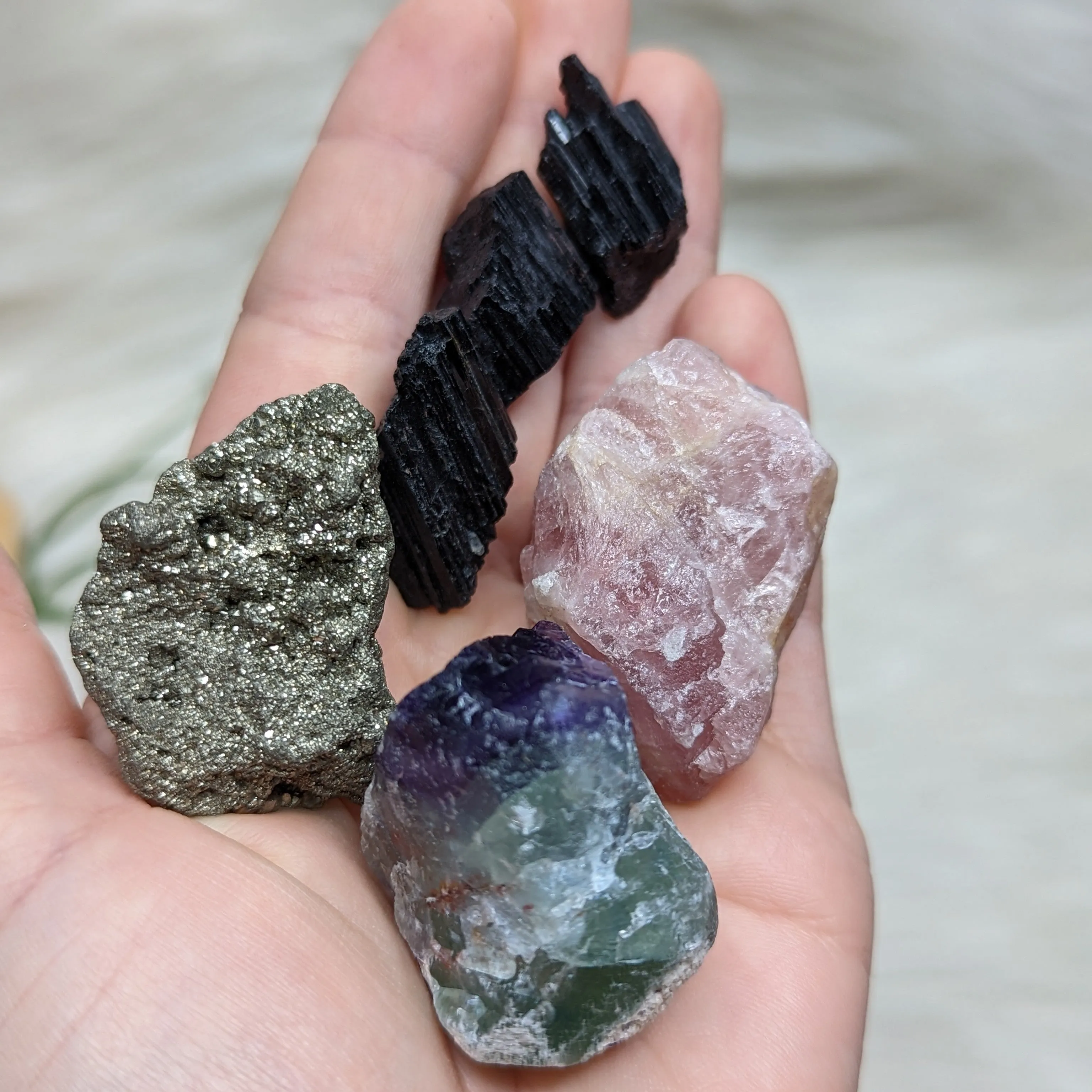 Crystal Set! Rainbow Flourite , Pyrite, Lavender Rose Quartz and Black Tourmaline - Set 1