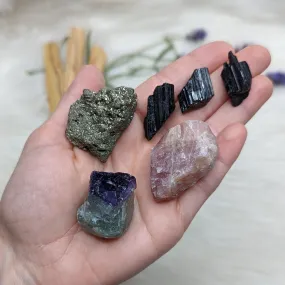 Crystal Set! Rainbow Flourite , Pyrite, Lavender Rose Quartz and Black Tourmaline - Set 1