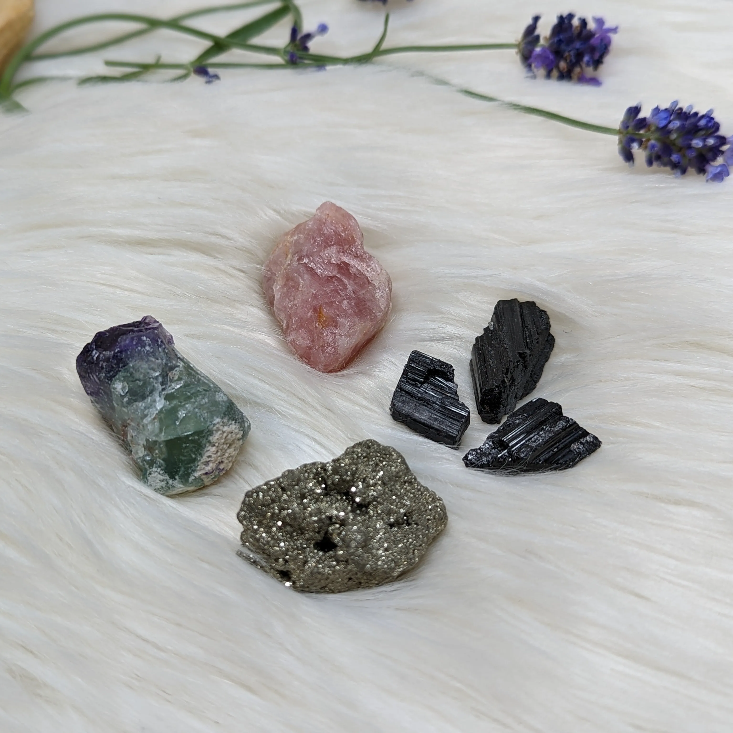 Crystal Set! Rainbow Flourite , Pyrite, Lavender Rose Quartz and Black Tourmaline - Set 1