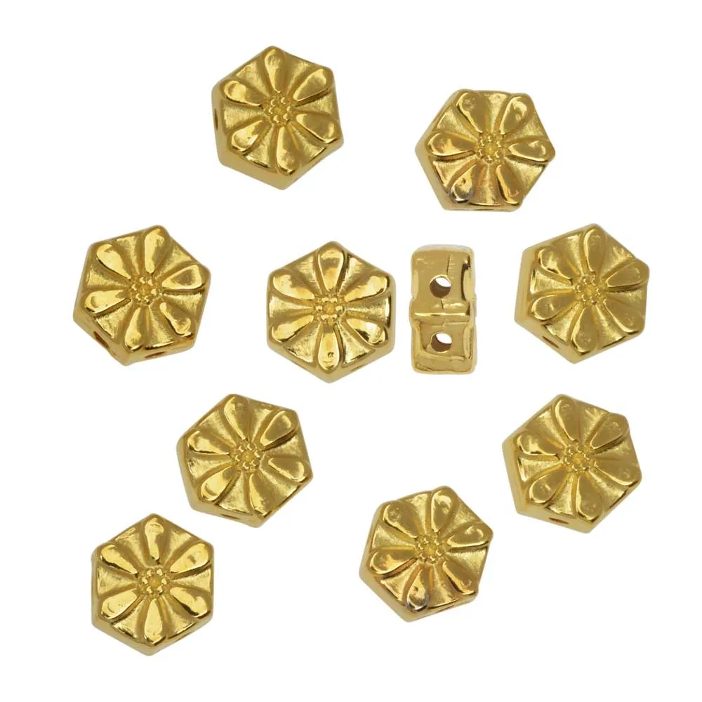 Cymbal Bead Substitute for Honeycomb Beads, Stelida, 2-Hole Hexagon, Flower, 24K Gold Plated (10 Pc)