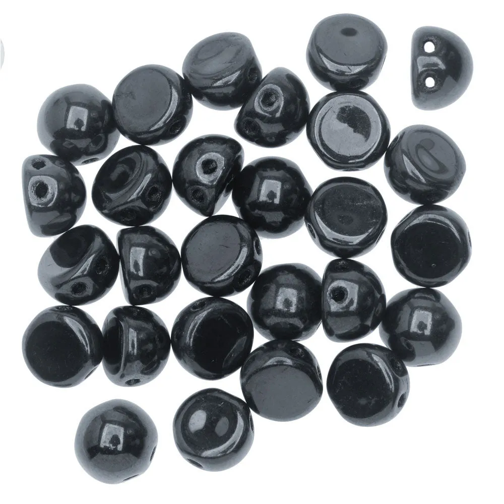 CzechMates Glass, 2-Hole Round Cabochon Beads 7mm Diameter, Hematite (2.5 Tube)