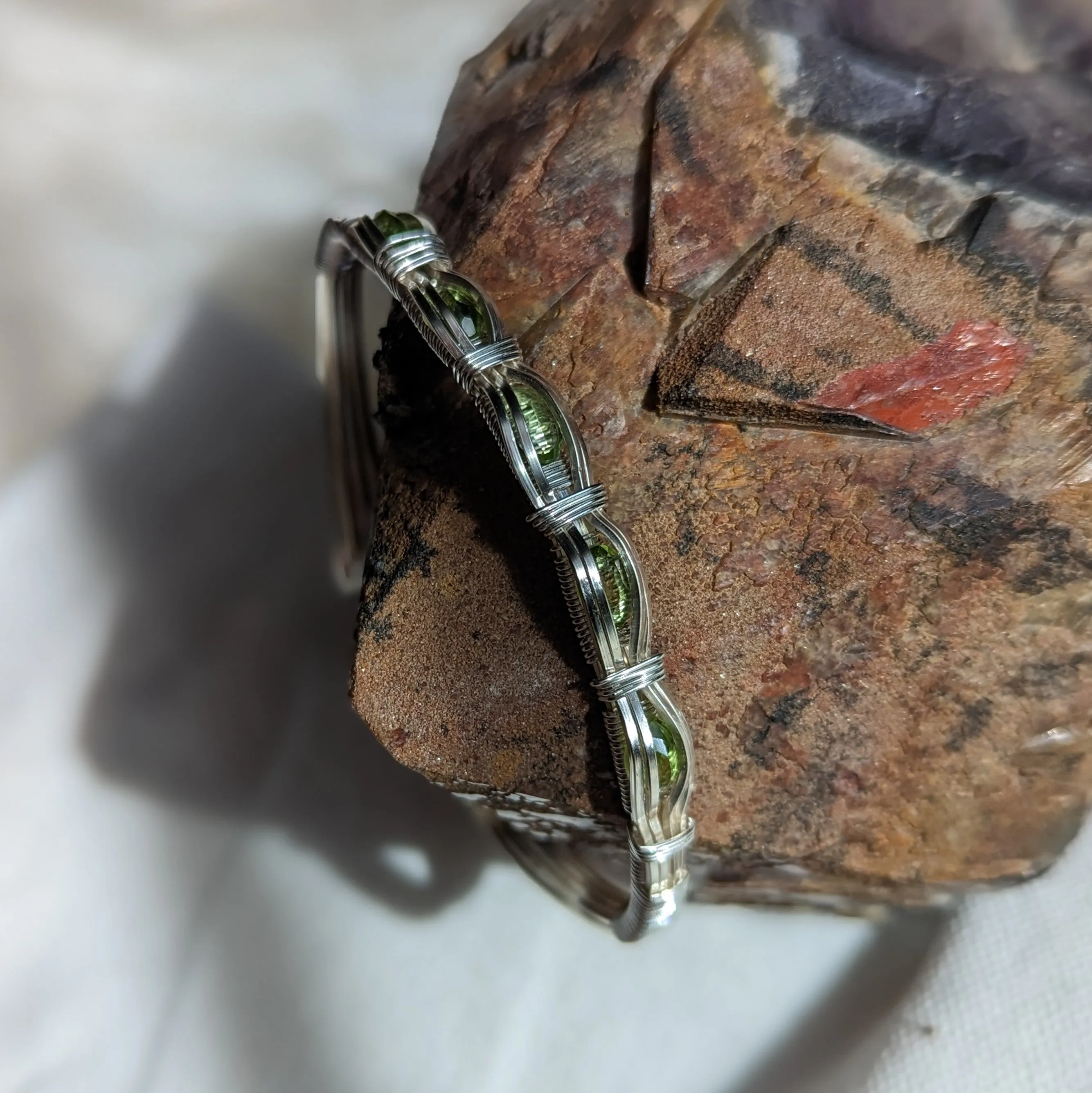 Dainty Peridot ~ Wire Wrapped Adjustable Wrist Bengal