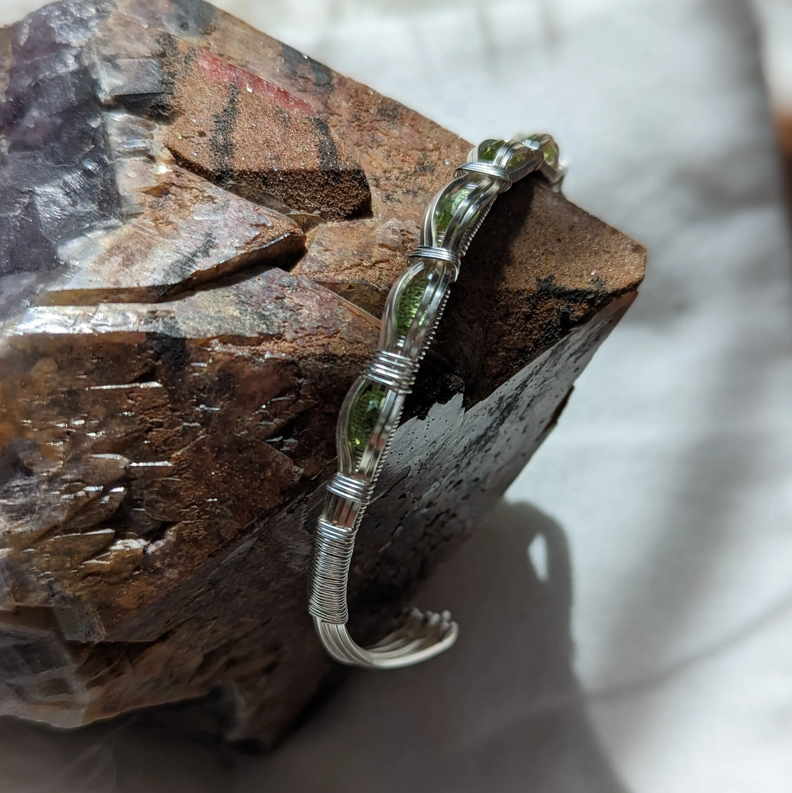 Dainty Peridot ~ Wire Wrapped Adjustable Wrist Bengal