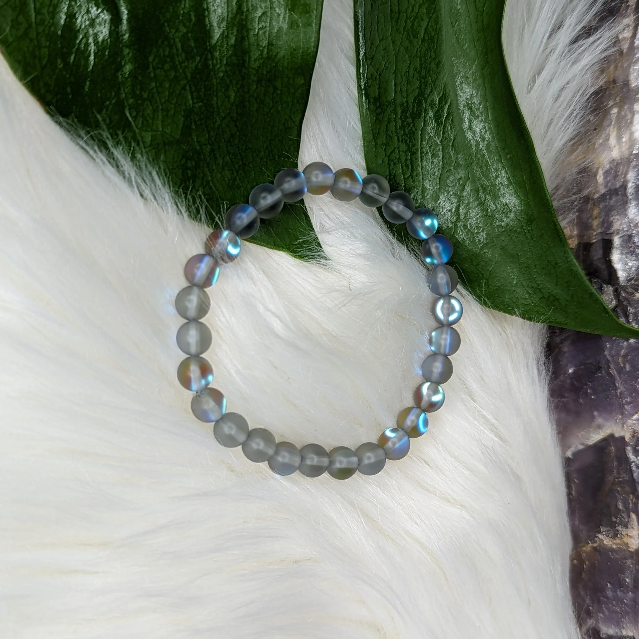 Dark Blue Mermaid Glass Stretch Bracelet ~ Rainbow Iridescent Glow