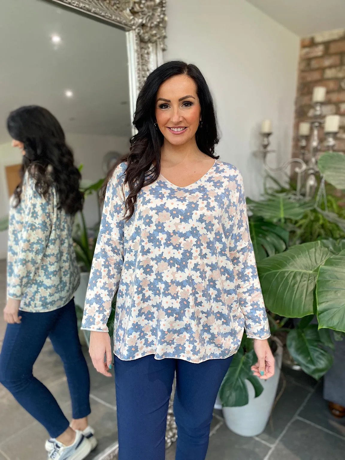 Denim V Neck Flower Top Dove