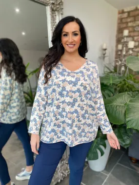 Denim V Neck Flower Top Dove