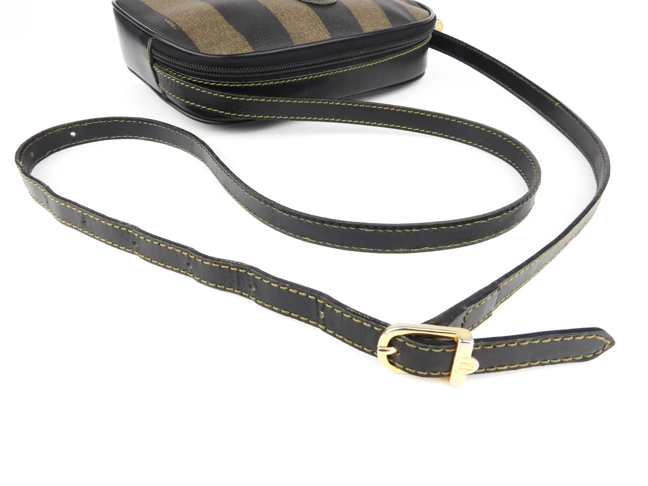 Fendi Vintage Pequin Coated Canvas and Black Leather Shoulder Bag