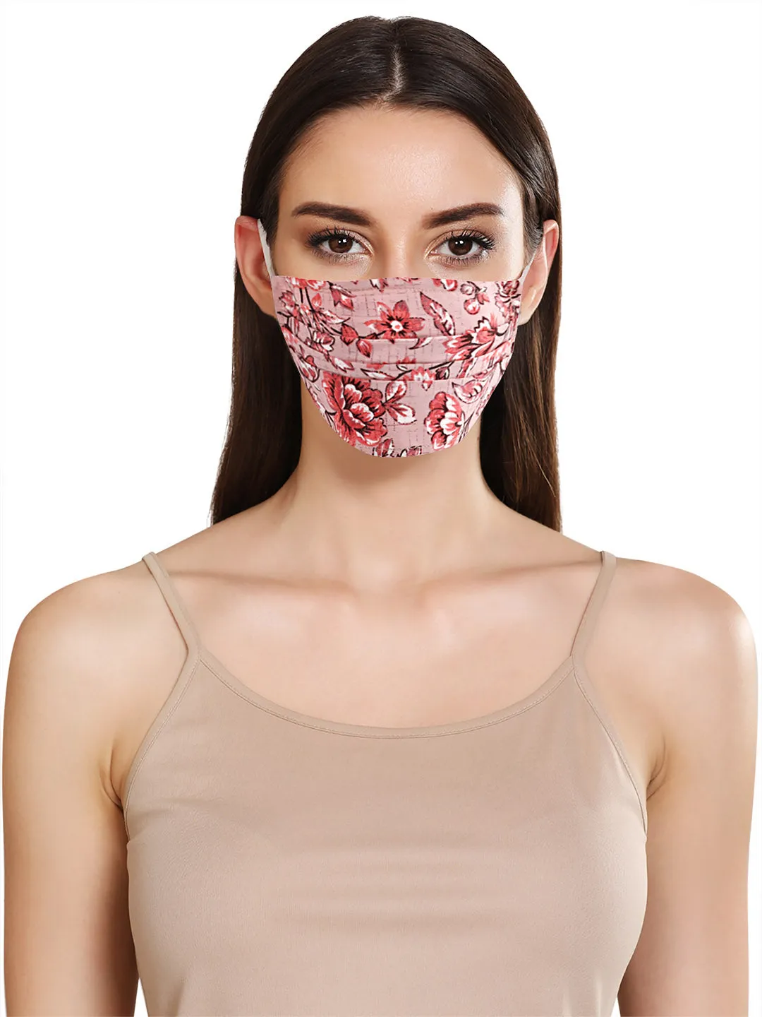 Floral Print Layered Face Mask With Front Pleats