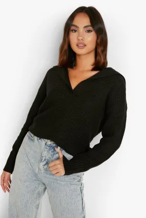 Grandad Collar Rib Knit Crop Sweater