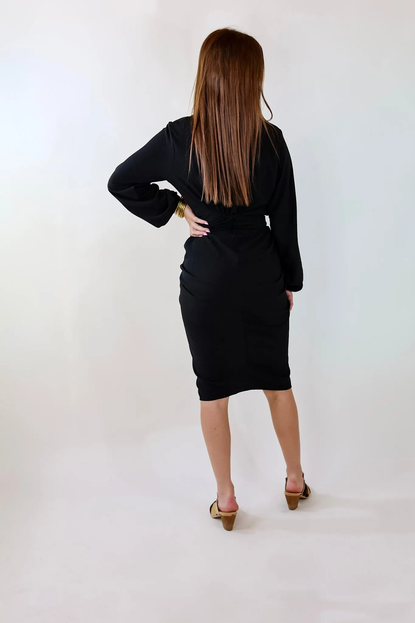 Heart On The Line Button Up Ruched Front Midi Dress with Waist Tie in Black