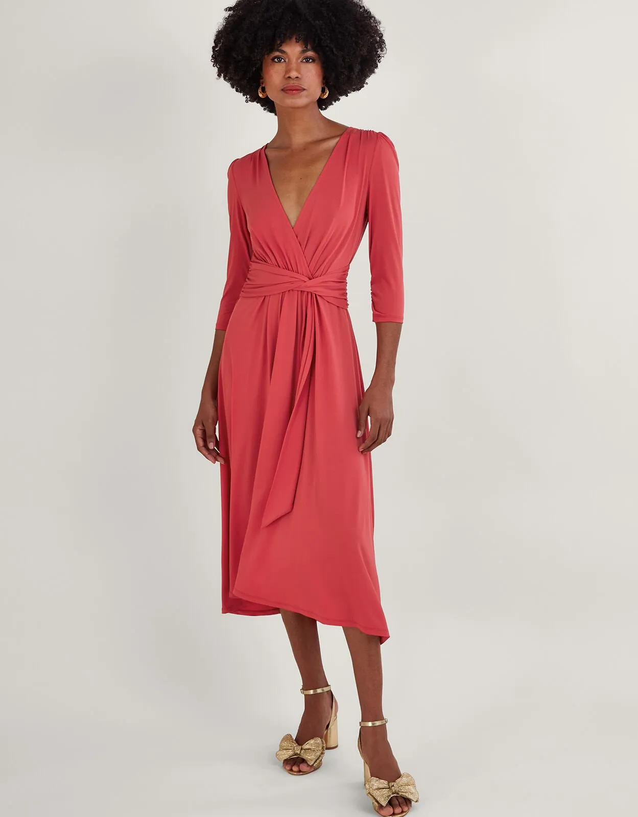 Jersey Wrap Front V-Neck Dress with Recycled Polyester Pink