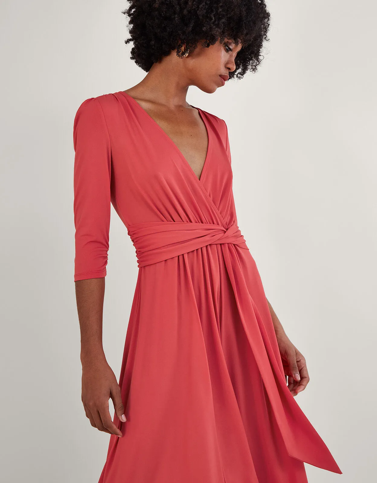 Jersey Wrap Front V-Neck Dress with Recycled Polyester Pink