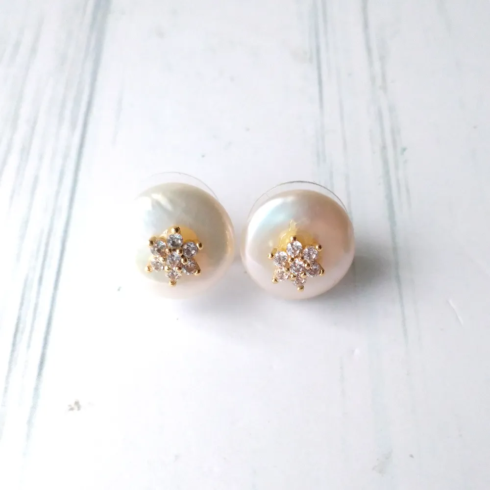 Keshi Pearl with CZ Snowflake Stud Earrings