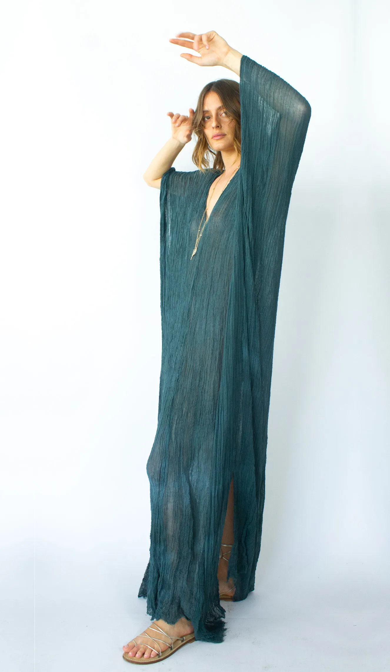 LAGOON GREEN COTTON GAUZE CAFTAN DRESS