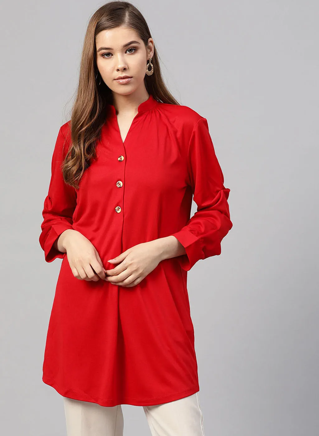 Mandrin Collar Tunic With Button In Front & Rushed