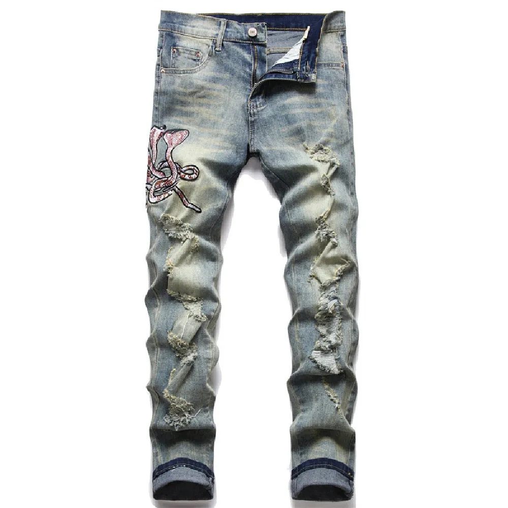 Men's American Cobra Embroidered Ripped Mid-Waist Stretch Skinny Jeans