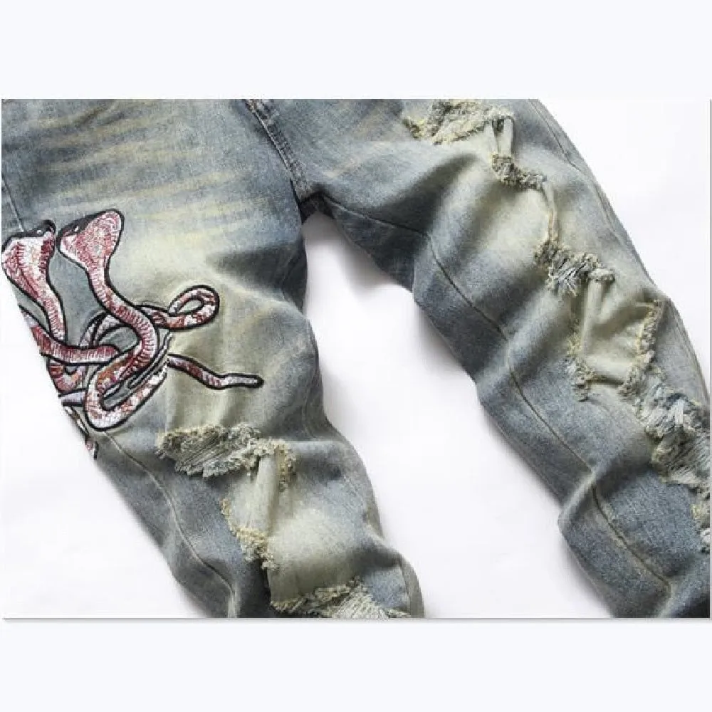 Men's American Cobra Embroidered Ripped Mid-Waist Stretch Skinny Jeans