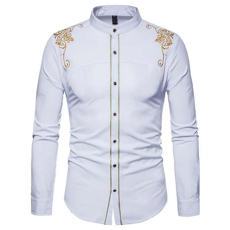 Men's Casual Slim Fit Mandarin Collar Embroidered Long Sleeve Shirt