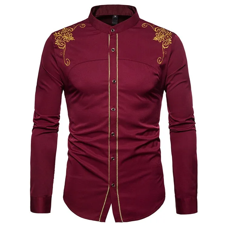 Men's Casual Slim Fit Mandarin Collar Embroidered Long Sleeve Shirt