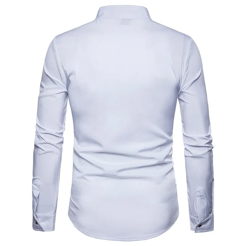 Men's Casual Slim Fit Mandarin Collar Embroidered Long Sleeve Shirt