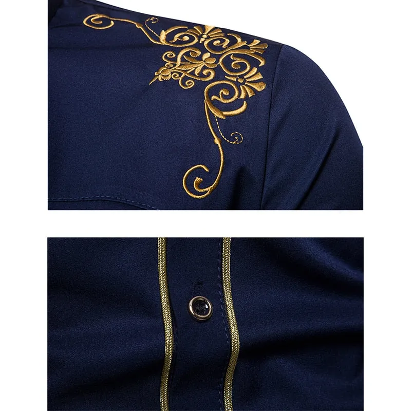 Men's Casual Slim Fit Mandarin Collar Embroidered Long Sleeve Shirt