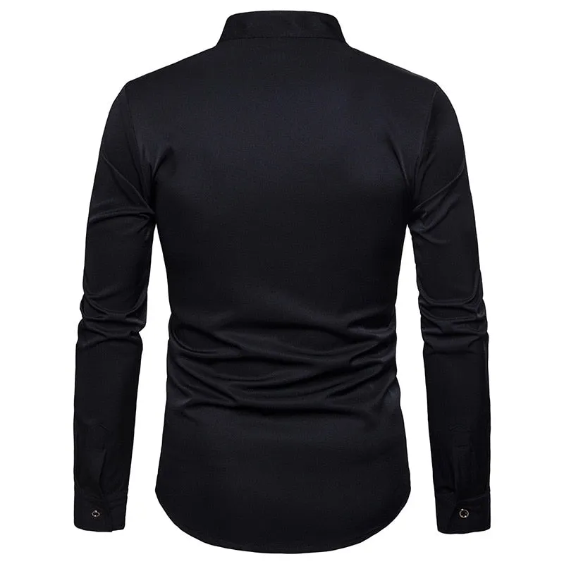 Men's Casual Slim Fit Mandarin Collar Embroidered Long Sleeve Shirt