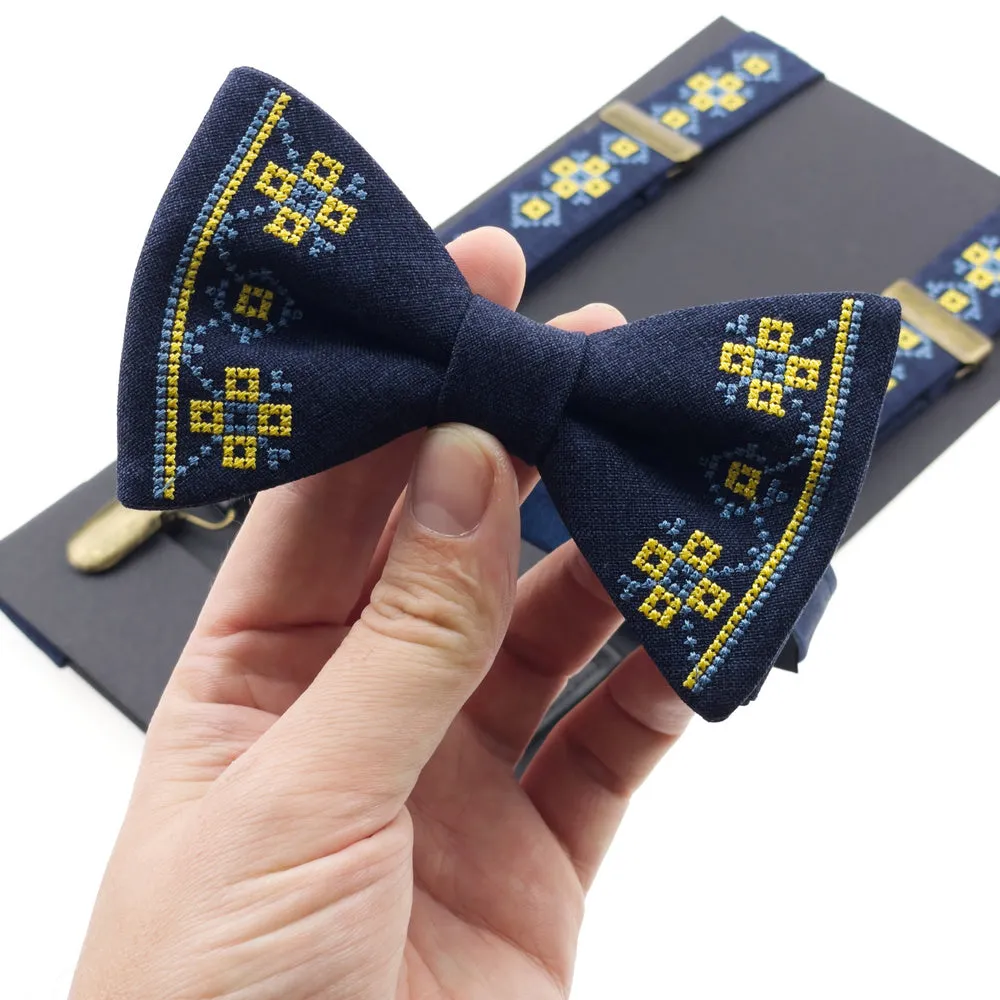 Men's Embroidered Bowtie and Suspenders Set - Blue and Yellow