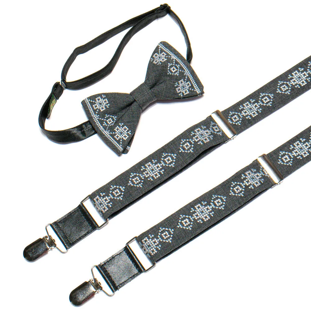 Men's Embroidered Bowtie and Suspenders Set -Grey