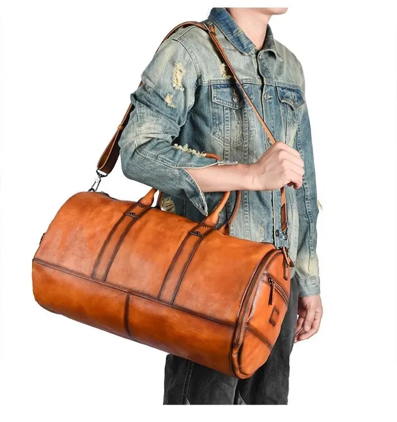 Men's Vintage Cowhide Leather Single Shoulder High Capacity Travel Bag