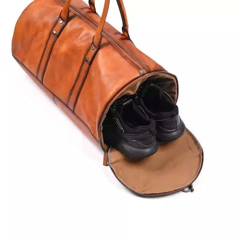 Men's Vintage Cowhide Leather Single Shoulder High Capacity Travel Bag