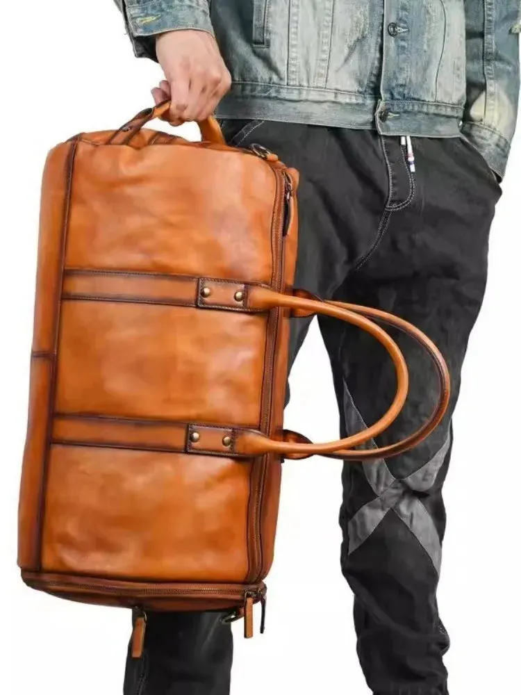 Men's Vintage Cowhide Leather Single Shoulder High Capacity Travel Bag