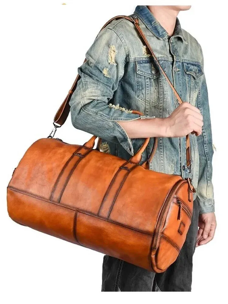 Men's Vintage Cowhide Leather Single Shoulder High Capacity Travel Bag