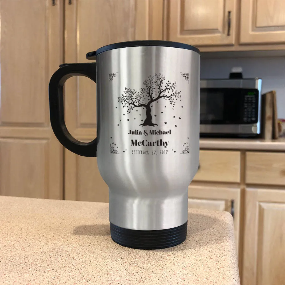 Metal Coffee and Tea Travel Mug Personalized Couple Hearts Tree