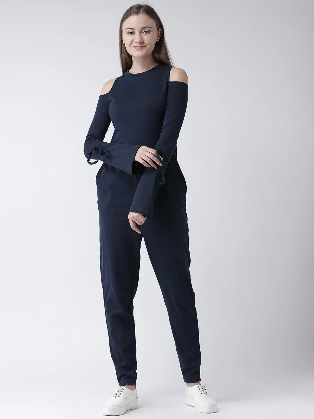 Navy Cold Shoulder Jumpsuit with Waist Tie-Up