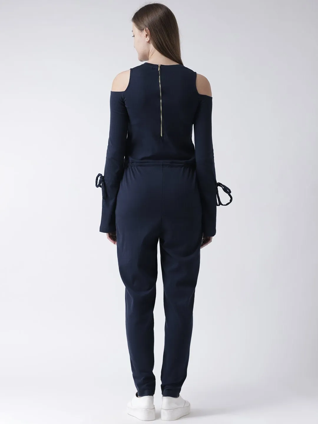 Navy Cold Shoulder Jumpsuit with Waist Tie-Up