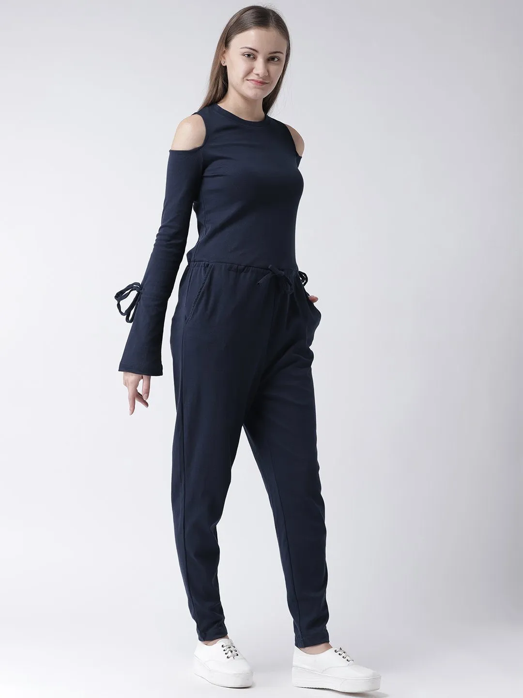 Navy Cold Shoulder Jumpsuit with Waist Tie-Up