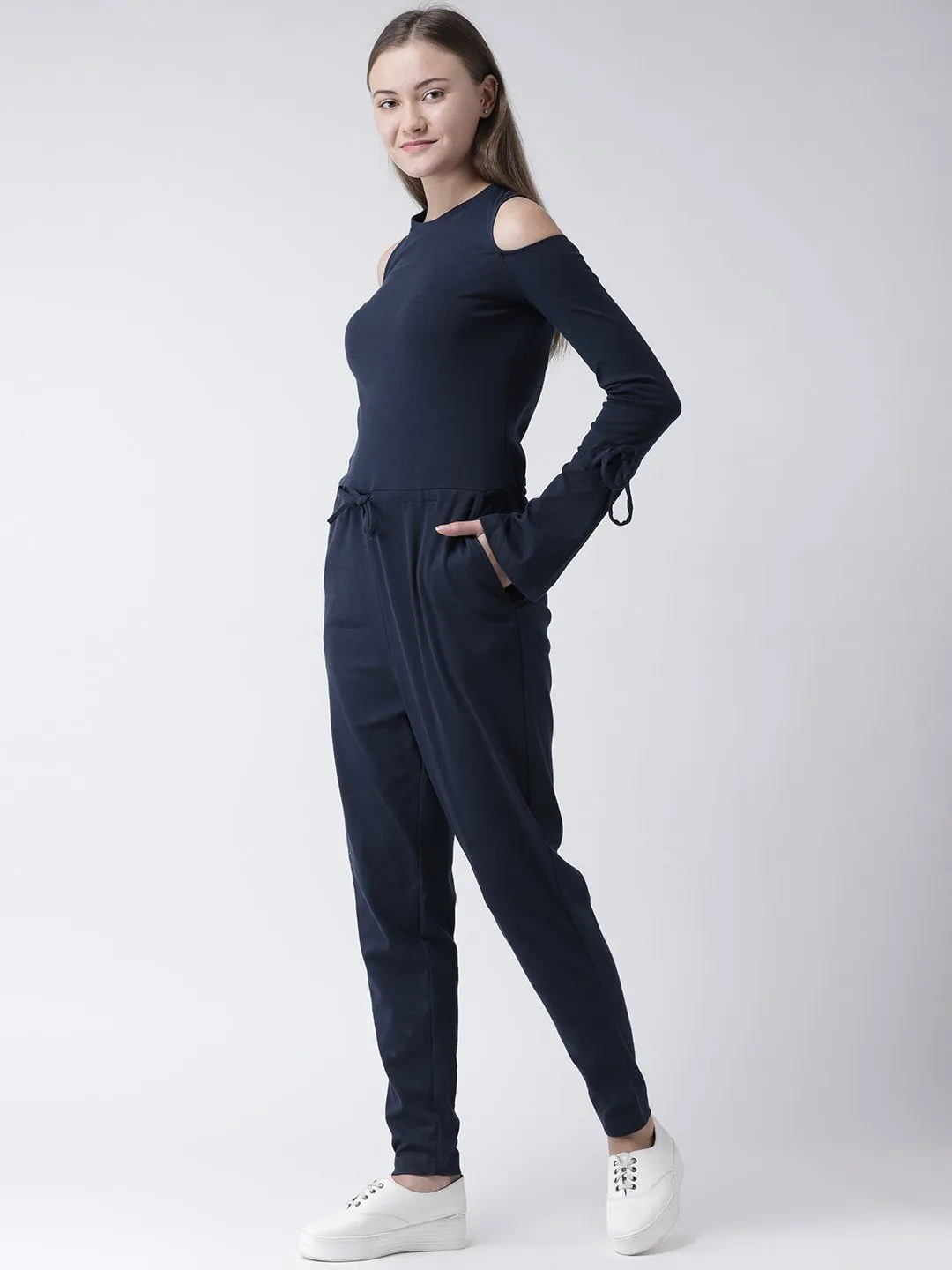 Navy Cold Shoulder Jumpsuit with Waist Tie-Up