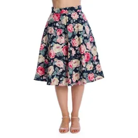 Navy Rose Print Rockabilly Swing Skirt